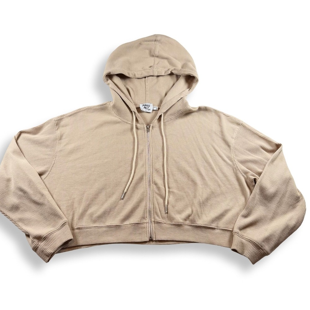 Princess Polly Waffle Knit Zip Up Hoodie Beige Tan Cropped Sweatshirt Size US 8